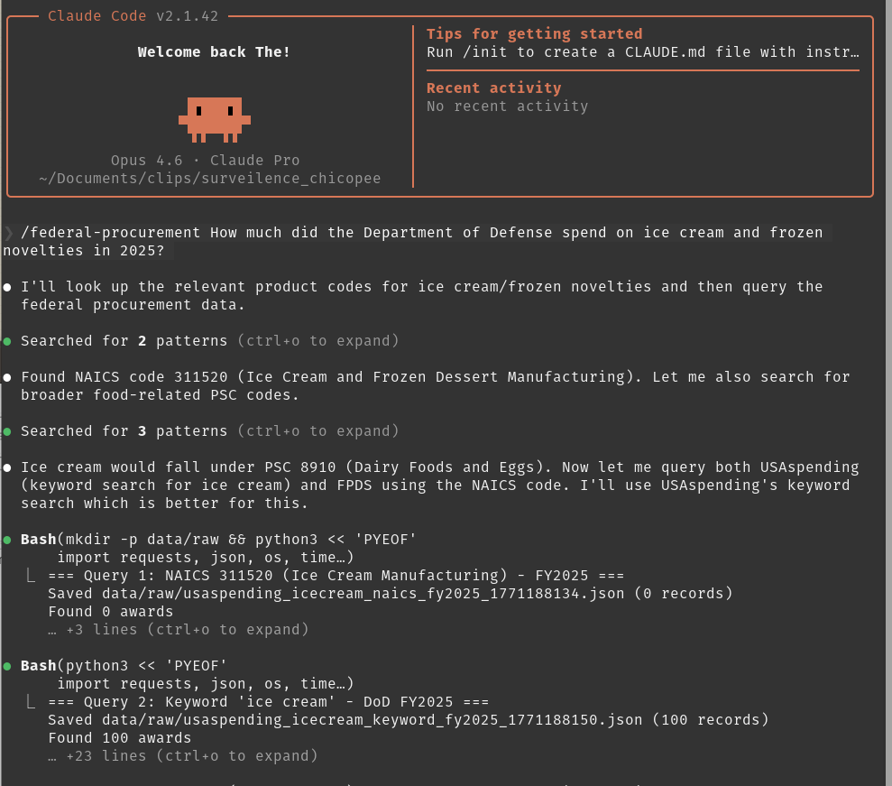 federal-agent querying DoD ice cream spending via Claude Code